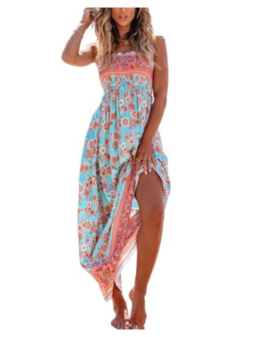 Women's Maxi Dress Sleeveless Smocked Floral Sundress Beach Formal Long Dress
